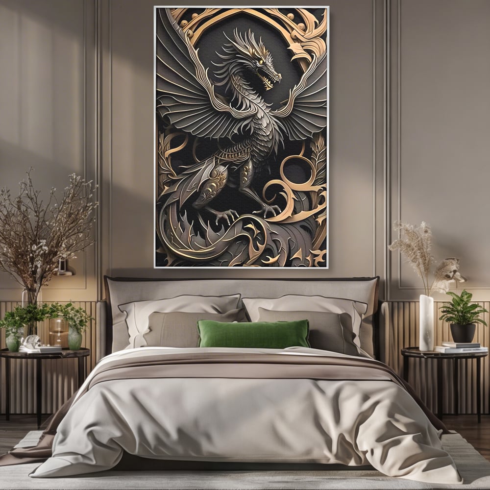 Tablou canvas cu ilustratie digitala cu dragon mitic, in rama de aluminiu argintiu, pe perete intr-un dormitor